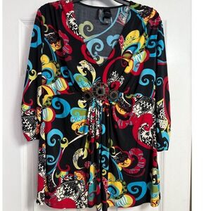 Y2K Babydoll Bisou Bisou Womens XL Black Multi Color Paisley Top bold